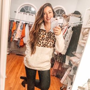 Leopard fleece quarter zip pull over: size small